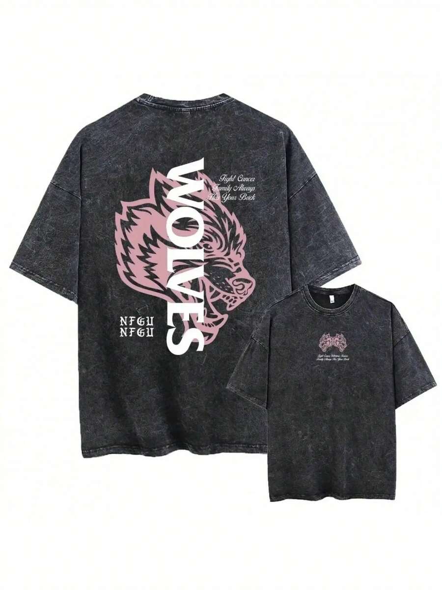 DARCSPORT Men's And Neutral Anti-Cancer Prayer Hand T-Shirt-Double-Sided Wolf And Dragon Pattern, Loose Short Sleeves, 100 Cotton Retro Style, Black With Pink Letters And White Wolf Logo, Charity Design To Raise Cancer Awareness, Casual And Cancer Survivor Clothing, Machine Washable, Comfortable Fit, Neutral Round Neck T-Shirt, Old Washing Effect, Durable And Comfortable, Suitable For Year-Round Wear - 黑色 - 查看 1