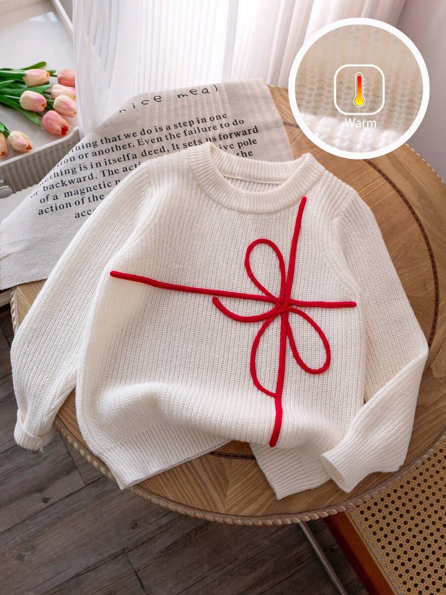 女童简约纯色蝴蝶结刺绣针织套头衫,适合春秋冬季休闲穿着 - 杏色 - 查看 1
