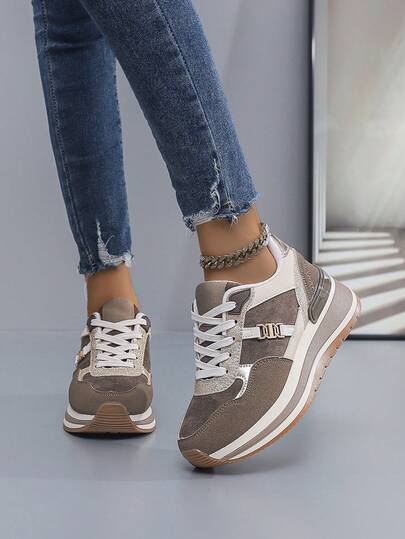 女士厚底户外运动鞋，系带网眼透气跑鞋，适合婚礼、办公室、四季休闲穿着，粉色、卡其色、黑色、银灰色可选