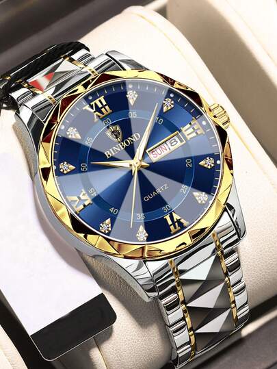  Reloj de lujo de marca BINBOND para hombres, de acero inoxidable con cuarzo, reloj de negocios para hombres con fecha, día de la semana y luz nocturna con diamantes