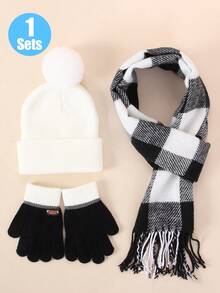 1 Set Kids' Knitted Hat & Gloves Set – Pom - Pom Decor, Contrast Cuff Design, Soft Warm For Winter Outdoor