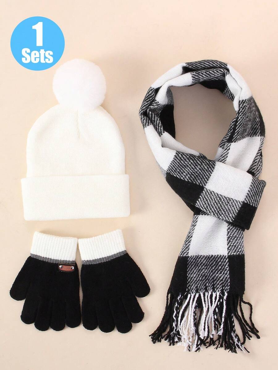 1 Set Kids' Knitted Hat & Gloves Set – Pom - Pom Decor, Contrast Cuff Design, Soft Warm For Winter Outdoor