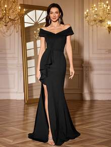 Elegantes schwarzes Damen Kleid mit Off-Shoulder Ausschnitt, hoher Taille, Rüschen und Falten, Neuankömmling Abendkleid für Cocktailparty, Abschlussfeier, Hochzeitsgast, Brautjungfer, geeignet für Abendbankett