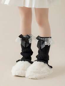 5 Pairs Kids Solid Color Lace Ruffle Bow Decorated Leg Warmers, Ribbed Knit Cuffs, Fashion Suitable For Autumn/Winter