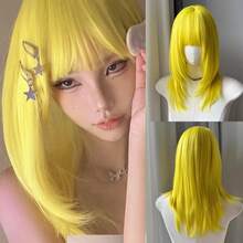 Medium Long Synthetic Yellow Straight Wigs With Bangs Lolita Cosplay Fluffy Women Heat Resistant Wig For Daily Party, Halloween - Yellow - View 1