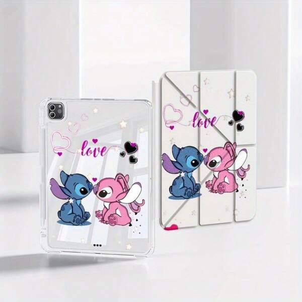 Cute Cartoon Stitch Cover Design Tablet Protective Case, Faux Leather, With Pen Slot, 360 Degree Rotation, Smart Sleep/Wake, Foldable Protective Cover, Tablet Carrying Bag