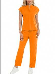 Set de 2 piezas: Top de manga corta con cuello en V de unicolor y pantalones largos de ropa de estar por casa para primavera - Naranja - Ver 7