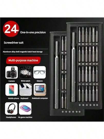 مجموعة أدوات الإصلاح البراغي ذات الدقة 24 في 1-مجموعة أدوات إصلاح متعددة الوظائف للهواتف المحمولة والأجهزة اللوحية والإلكترونيات ، وتصميم متين مع أجزاء مفكية متنوعة ، لا يوجد شحن مطلوب | مقاس: سبيكة الألومنيوم