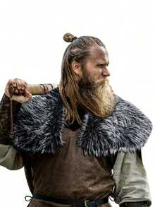 1件男士维京仿毛皮领中世纪文艺复兴国王战士斗篷，万圣节LARP冬季服装 - 彩色 - 查看 11