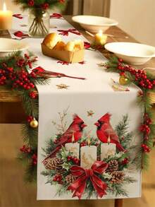 1pc Christmas Bird Table Runner, Christmas Decorative Table Runner, Christmas Linen-Like Table Runner, Table Runner, Table Runner, 1pc Table Runner, 4pcs Placemats, 1pc Pillow Cover, 3 Products Available, Seasonal Home Decor Indoor & Outdoor For Winter, Christmas Party, Christmas Room Decor - Multicolor - View 2