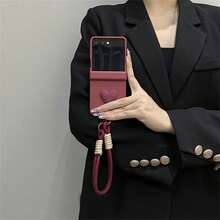 Luxury Handmade Burgundy Heart-Shaped Phone Case With Anti-Lost Lanyard, Compatible With Samsung Galaxy ZFlip7, Z Flip6, ZFlip 5, Shock-Resistant Back Cover - Burgundy - View 4