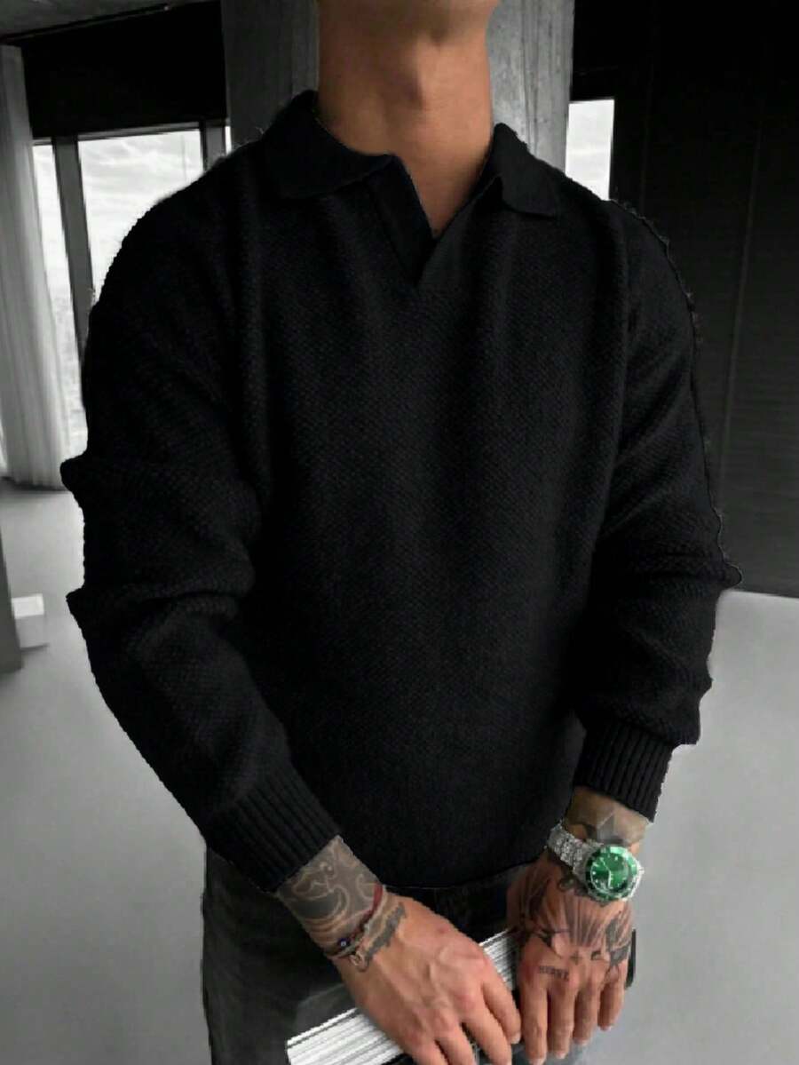 ANDREILEE 男士休闲宽松通勤简约纯色百搭V领Polo衫轻薄长袖针织套头衫,秋冬款 - 黑色 - 查看 1