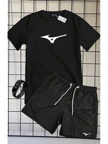 Unmissable Set Of 100% Cotton Short-Sleeved T-Shirt And Tactel Shorts With MIZZU TENNIS PRINT + FREE WATCH - 黑色 - 查看 1