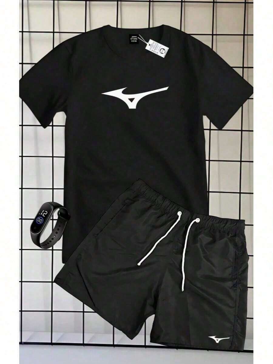 Unmissable Set Of 100% Cotton Short-Sleeved T-Shirt And Tactel Shorts With MIZZU TENNIS PRINT + FREE WATCH - 黑色 - 查看 1