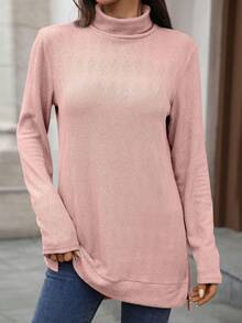 Womens Knit Tops Fall Long Sleeve Turtleneck Solid Color Slit Hem Casual Pullover Sweater - Pink - View 2