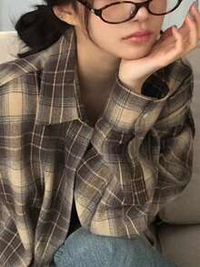 女士秋冬新品畅销休闲复古舒适棉质格子长袖外套 - 咖啡棕 - 查看 2