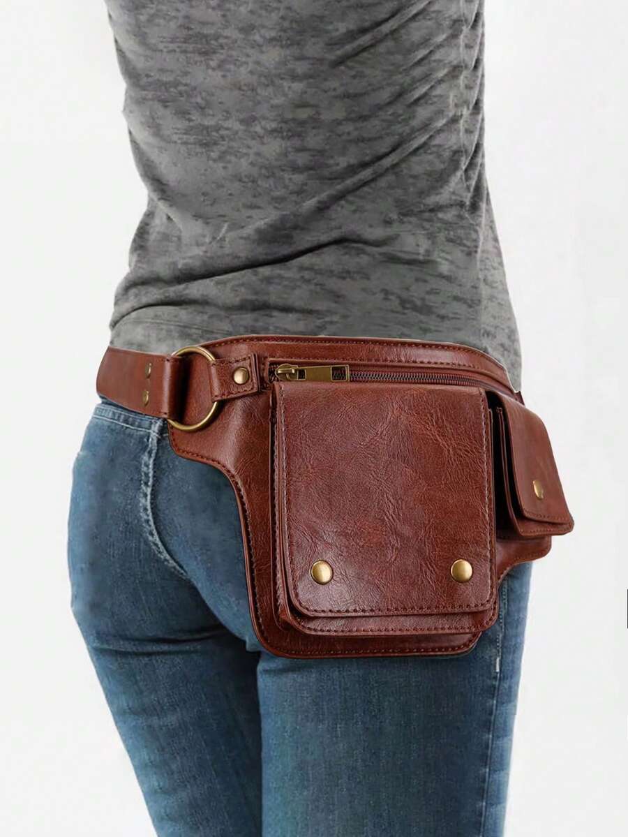 Riñonera de piel sintética negra con múltiples compartimentos y cinturón ajustable con remaches retro para mujer - Marrón rojizo - Ver 1