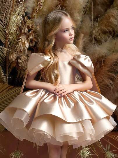 Vestido elegante de tul con lazo dorado para niña, vestido de princesa adecuado para fiesta de cumpleaños, boda como niña de las flores, baile de graduación, vestido de noche de lujo, Pascua