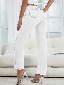 Women's Front Button Pocket With Rivet Decoration Straight Leg Denim Pants, Suitable For Daily Casual Wear - trắng - Xem 4