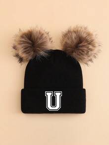 1 pieza Gorro de punto personalizado con letra A-Z para niños, gorro de punto suave y cómodo con doble pompón, adecuado para otoño/invierno, vuelta al colegio, cálido y a prueba de viento para niños y niñas