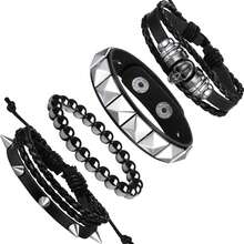 Xiacheng 4件套男女通用朋克风皮革铆钉手链，金属手镯可调节摇滚手链套装 - 黑色 - 查看 7