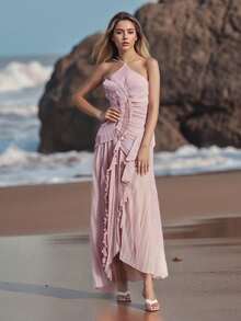 Women's Ruffle Halter Dress Sleeveless Solid Color Long Flowy Dress Summer A-Line Dress - Mauve Purple - View 5