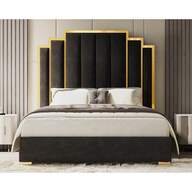 Merluxy Queen/King Size Upholstered Bed Frame With 61" Headboard, Modern Platform Bed With Golden Plating Trim, No Box Spring Needed