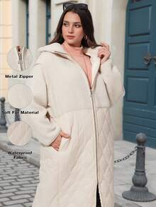 Astrid Plus Size Hooded Long Winter Coat Contrast Teddy Fleece Fur Patchwork Quilted Women Winter Clothes Casual Zip-Up Padded Coat - Beige - View 2
