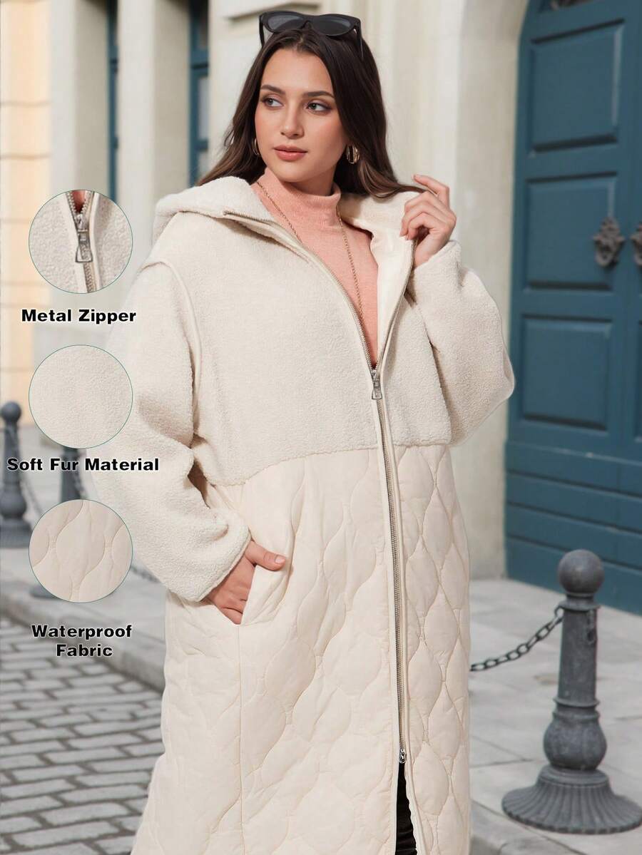 Astrid Plus Size Hooded Long Winter Coat Contrast Teddy Fleece Fur Patchwork Quilted Women Winter Clothes Casual Zip-Up Padded Coat