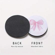 1 Set Of 2 Pink Bow Patterned Car Cup Holder Pads, Universal Compatible, Made Of Natural Rubber Anti Slip Polyester Back, Absorbent Knitted Fabric, Cute Cartoon Storage Pad, Used For Vehicle Interior Size 2.8 Inches, Washable, Single Weight 8 Grams