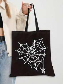 4 piezas, Bolsa de lona con impresión de telarañas y arañas de Halloween a doble cara, bolsa de almacenamiento portátil con estilo gótico y animales de moda, diseño de estilo academia gótica oscura, bolsa de la compra, adecuada para el hogar, compras, viajes, escuela, regalos, 16in*14in