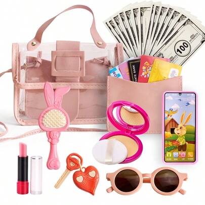 Set de 28 piezas de juguetes de bolsos de mano miniatura de estilo realista para niños, que incluye: monedero*15, tarjetas*5, peine*1, gafas de sol*1, polvo compacto falso*1, borla de polvo*1, llave con forma de corazón*1, lápiz labial giratorio (silicona)*1, portador de tarjetas*1, bolso bandolera*1. Fácil de usar para manos pequeñas, gran regalo para niñas.