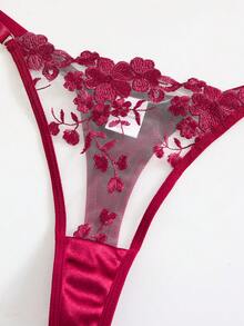 2PCS Women's Wine Red Floral Sexy Lingerie Set, Semi Transparent Home Bra And Thong Women's Two Pieces Set, Christmas And Halloween Carnival Night Surprise Underwear Set - 酒紅色 - 查看 5