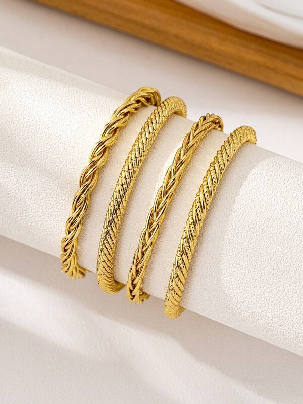 4pcs Vintage 18K Gold Plated Twisted Bangle Bracelets, Fashionable Middle Eastern Style Floral Pattern Jewelry, Suitable For Holidays, Parties, Daily Wear