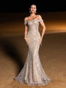 Faeriesty Haute Glamour Luxe Beaded Sequin Mermaid Evening Gown With Off-Shoulder Thin Straps – Intricate Flowing Wave Beadwork On Bodice & Skirt, Form-Fitting Silhouette & Dramatic Mermaid Flared Skirt For Galas, Weddings, Proms & High-End Evening Parties