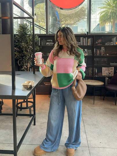 Ropa casual de moda para mujer talla grande en otoño e invierno, diseño de contraste de bloques de colores con un toque de estilo, top holgado de punto de cuello redondo y manga larga, estilo perezoso, suéter cómodo para el uso diario