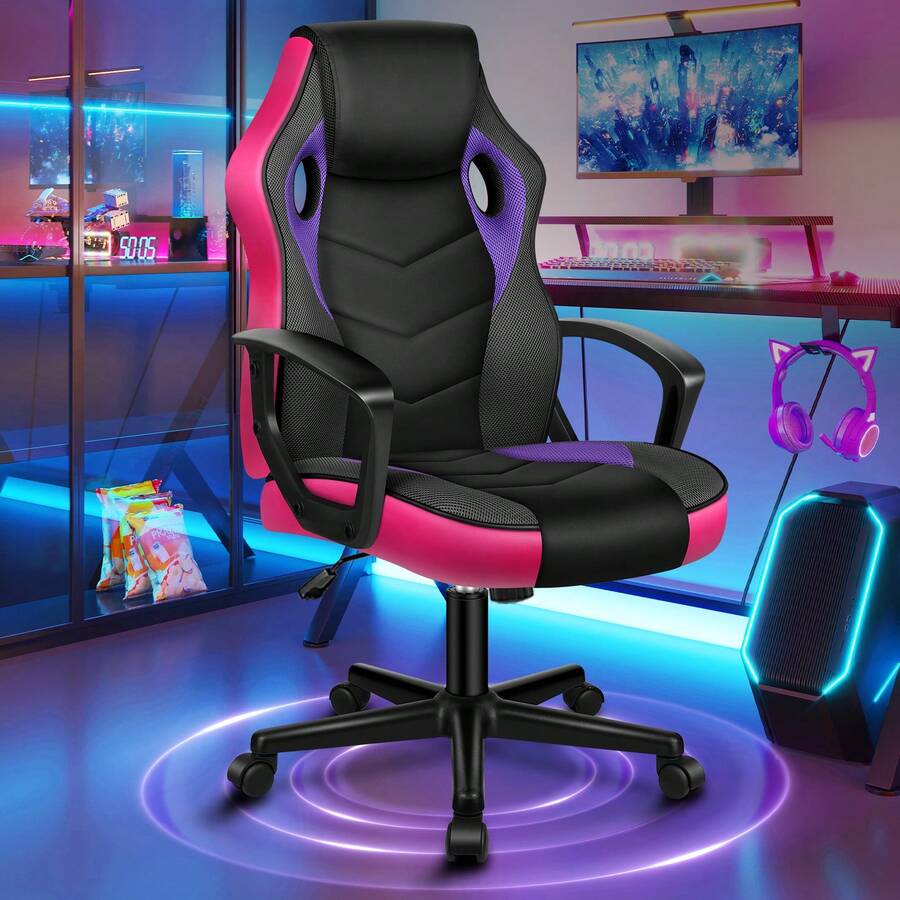 ALFORDSON Racing Desk Chair, Ergonomic Height-Adjustable & Padded 150 Kg Load Capacity Office Chair, Swivel PC Gaming Chair For Home Office, PU Leather And Fabric, Orange - Purple - View 1