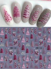 2PCS Pink Christmas Tree 5D Embossed Nail Stickers Bow Lights Crystal Ball Festival Bright Pattern Nail Art Decals Self-Adhesive Manicure Sliders Nail Accessories For Christmas New Year Holiday Gift