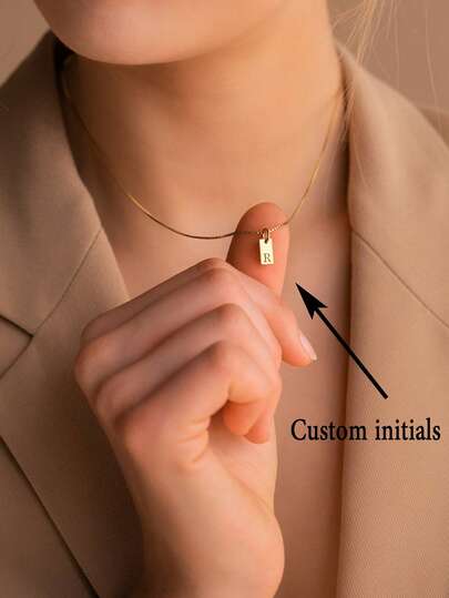 1pc Customizable Initial Box Necklace, Stainless Steel Jewelry, Gold Necklace Or Silver Necklace Two Colors To Choose From, Customized Necklace, Women's Necklace, Women's Jewelry, Name Necklace, Silver Jewelry, Initial Necklace, Personalized Name Necklace, Rectangular Label Letter Engraved Pendant Women's Necklace,