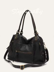 STEPHIECATHY 哥特朋克街头风格手提包女式复古刷色软洗 PU 素食皮革铆钉长肩带斜挎包单肩手提包大容量通勤包可容纳 13 英寸笔记本电脑多功能多口袋休闲日常旅行外出学院 - 銅色 - 查看 11