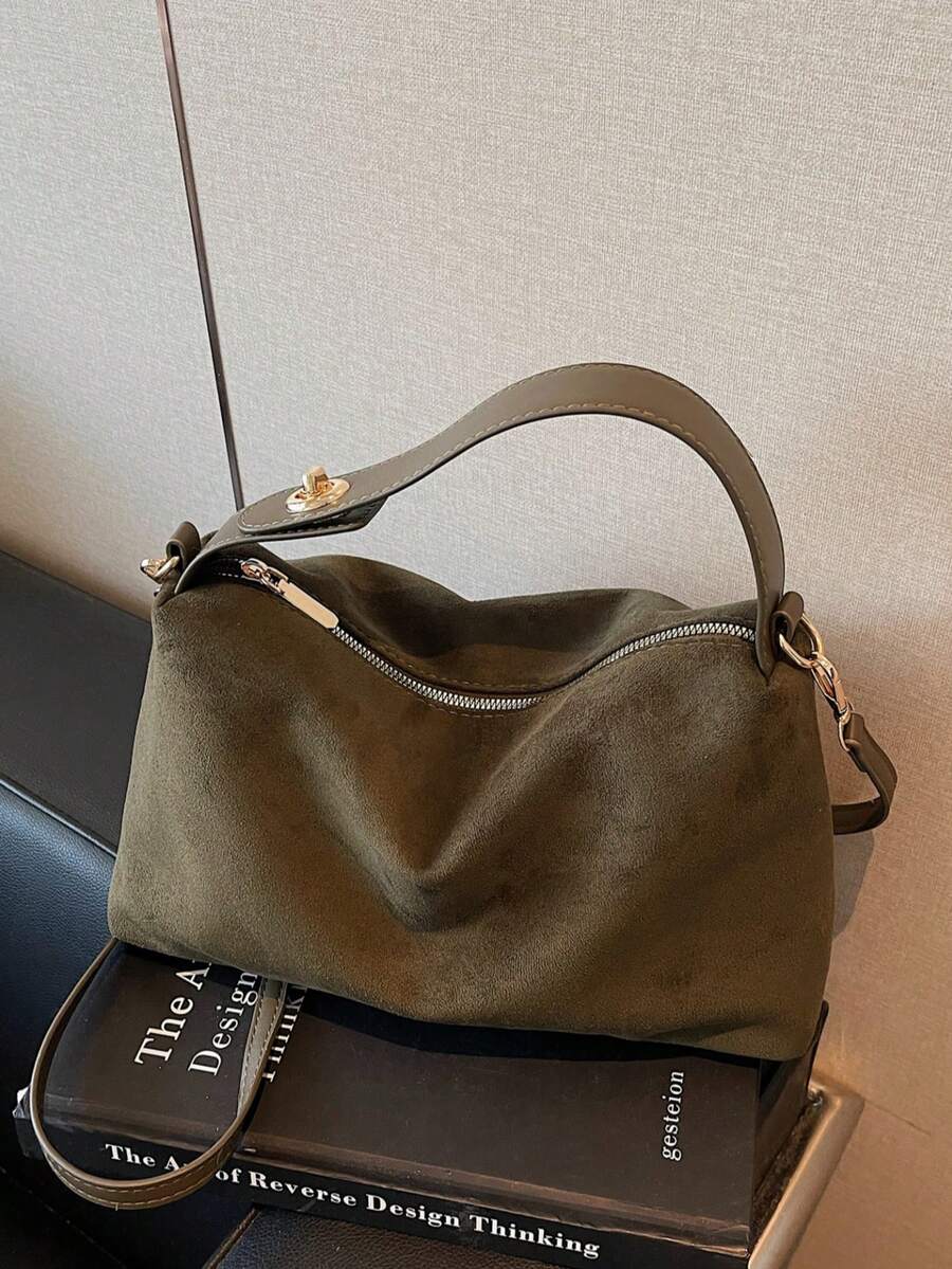 1 件女士新款新月手提包,时尚简约绒面革托特包,适合约会、送礼、通勤、购物、复古手提包、单肩包 - 綠色 - 查看 1