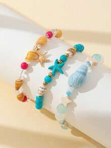 Assorted Color Seashell, Starfish Beaded Bracelet, Beach Vacation Style