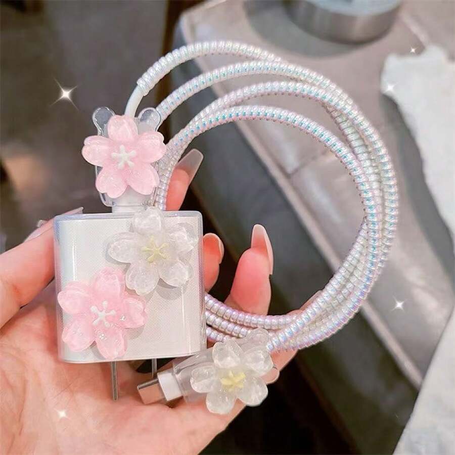 简约花卉充电保护壳，适用于 Apple 14/13/16/15 系列快速充电适配器，20W 充电器保护器，理想礼物 - 粉紅白 - 查看 1