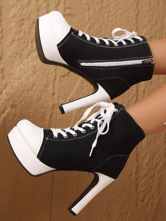 1. 时尚帆布高跟厚底靴，系带休闲运动鞋，百搭时尚厚底踝靴，金属孔眼系带