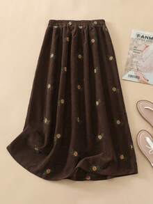 秋冬复古棕色灯芯绒绣花裙，秋季及膝绣花裙，校服裙，复古老钱裙，万圣节和圣诞节裙