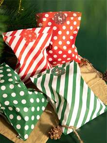 24 Stücke grüne/rote/gepunktete/köperbindige Kraftpapier Taschen + 24 Stücke selbstklebende Verschlüsse im Paket, Weihnachtsgeschenktüten, Weihnachtsparty, Süßigkeitentüten, Verpackungstüten