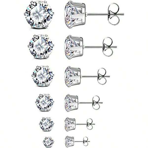 316L Hypoallergenic Stainless Steel 6-Prong Round Cubic Zirconia Stud Earrings, 18K Gold Plated Titanium Steel Earrings In Silver, Rose Gold, Minimalist Elegant Sparkling Crystal Earring Studs, Unisex Titanium Steel Flashy Earrings