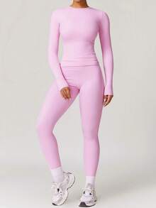 NcmRyu 1 Set Women's Elastic Tight Lifting Shaping Sexy Long Sleeve & Long Pants Sportswear Set Pink Spring - Pink - View 7