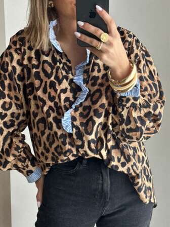 Women's Leopard Print Full Body Striped Button Front Casual Shirt