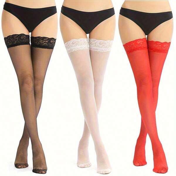 3 Pairs Lace Trim Thigh High Stockings, Ultra-Thin Slim Over The Knee Socks, Women's Stockings & Hosiery,Sexy Lingerie,Gift Giving Options ﻿